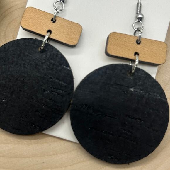 5/$25 Cork on Leather and Wood Circle Round Neutral Dangle Lightweight Earrings - Picture 2 of 4